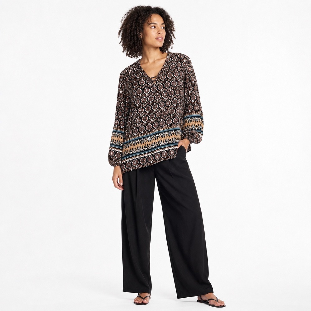 Coco Bianco Women's Geometric Tunic M Blouse Boho Eclectic Retro Festival Earthy
